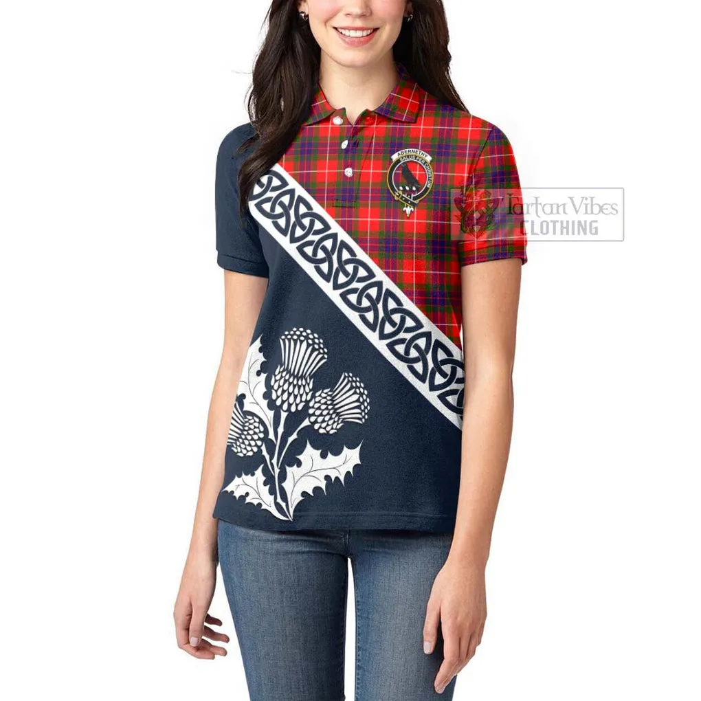 Abernethy Tartan Women's Polo Shirt Featuring Thistle and Scotland Map