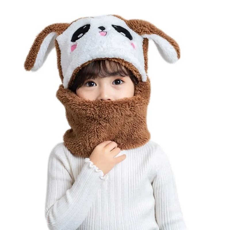Adult Kids Winter Fuzzy Plush Balaclava Hat Cartoon Panda Rabbit Windproof Full Cover Earflap Hood Cap Neck Warmer Scarf