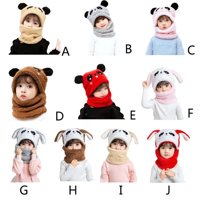 Adult Kids Winter Fuzzy Plush Balaclava Hat Cartoon Panda Rabbit Windproof Full Cover Earflap Hood Cap Neck Warmer Scarf