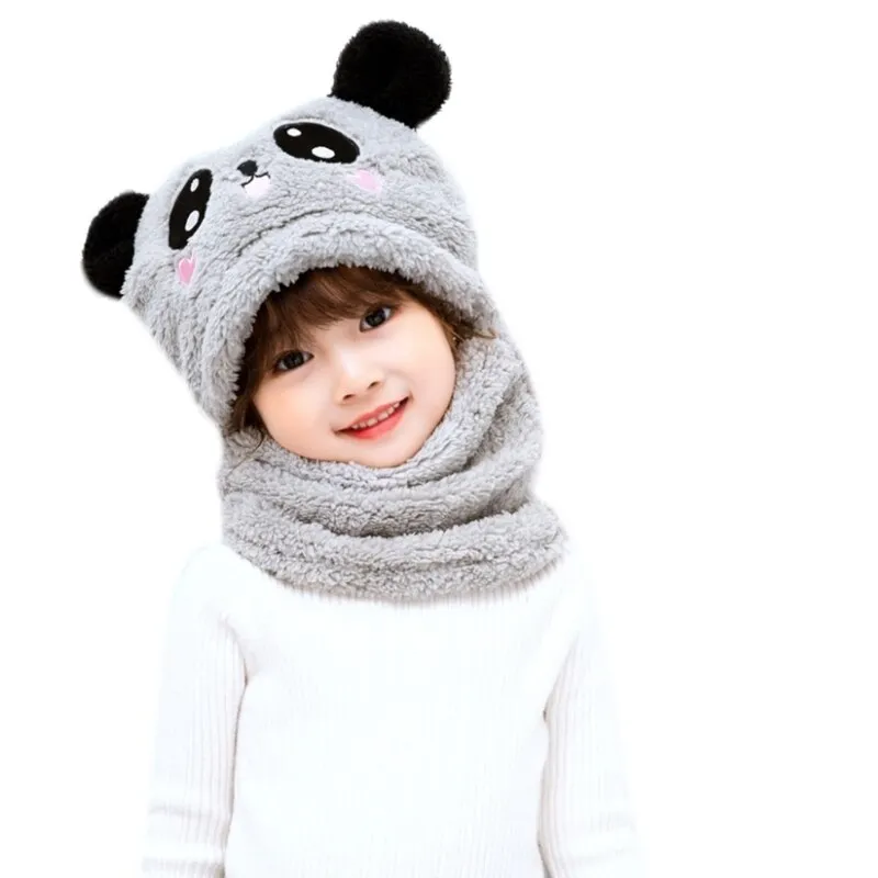 Adult Kids Winter Fuzzy Plush Balaclava Hat Cartoon Panda Rabbit Windproof Full Cover Earflap Hood Cap Neck Warmer Scarf