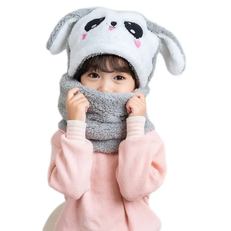 Adult Kids Winter Fuzzy Plush Balaclava Hat Cartoon Panda Rabbit Windproof Full Cover Earflap Hood Cap Neck Warmer Scarf