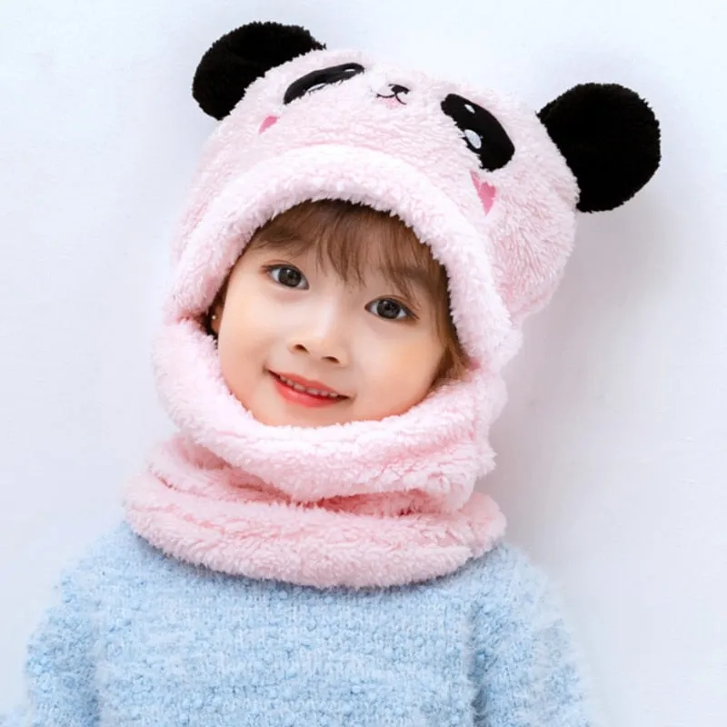 Adult Kids Winter Fuzzy Plush Balaclava Hat Cartoon Panda Rabbit Windproof Full Cover Earflap Hood Cap Neck Warmer Scarf