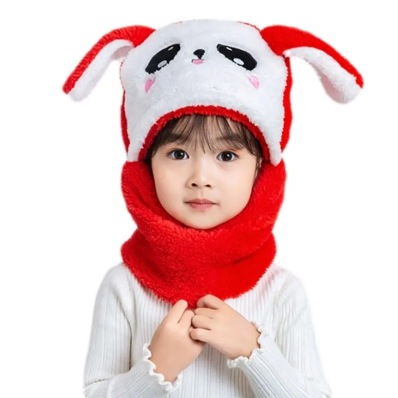 Adult Kids Winter Fuzzy Plush Balaclava Hat Cartoon Panda Rabbit Windproof Full Cover Earflap Hood Cap Neck Warmer Scarf