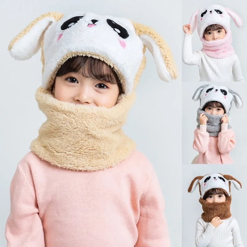 Adult Kids Winter Fuzzy Plush Balaclava Hat Cartoon Panda Rabbit Windproof Full Cover Earflap Hood Cap Neck Warmer Scarf