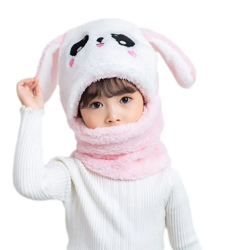 Adult Kids Winter Fuzzy Plush Balaclava Hat Cartoon Panda Rabbit Windproof Full Cover Earflap Hood Cap Neck Warmer Scarf