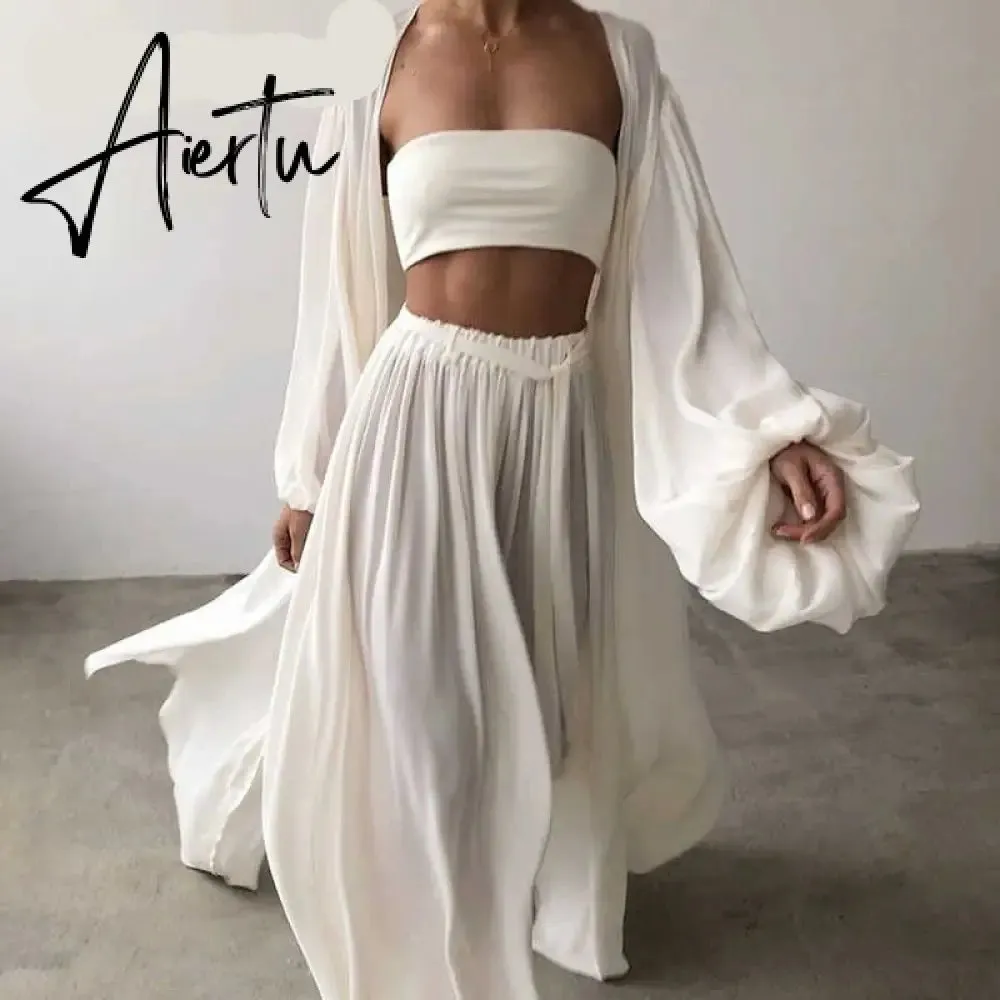 Aiertu  White Sexy Three Piece Set For Women Slim Vest Lantern Sleeve Coat Wide Leg Pants Loose Sets Female Fashion New