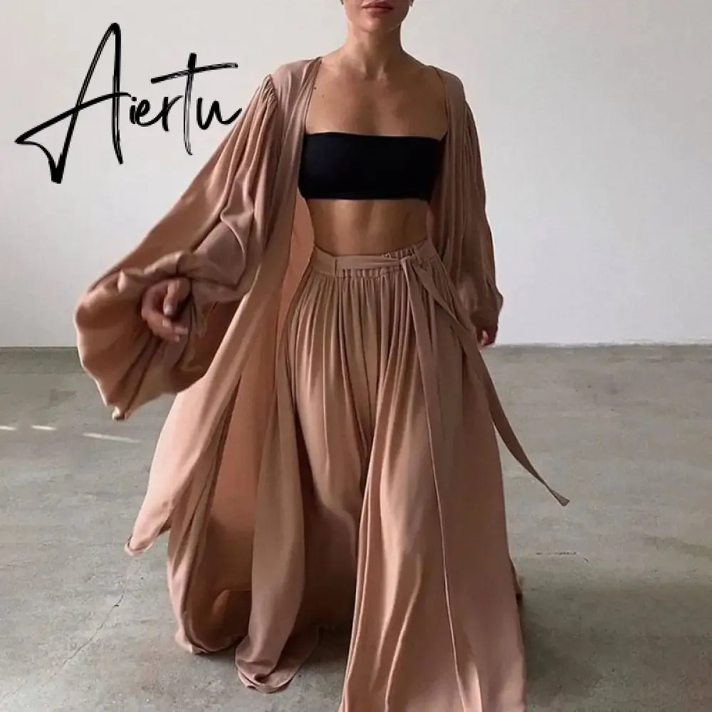 Aiertu  White Sexy Three Piece Set For Women Slim Vest Lantern Sleeve Coat Wide Leg Pants Loose Sets Female Fashion New