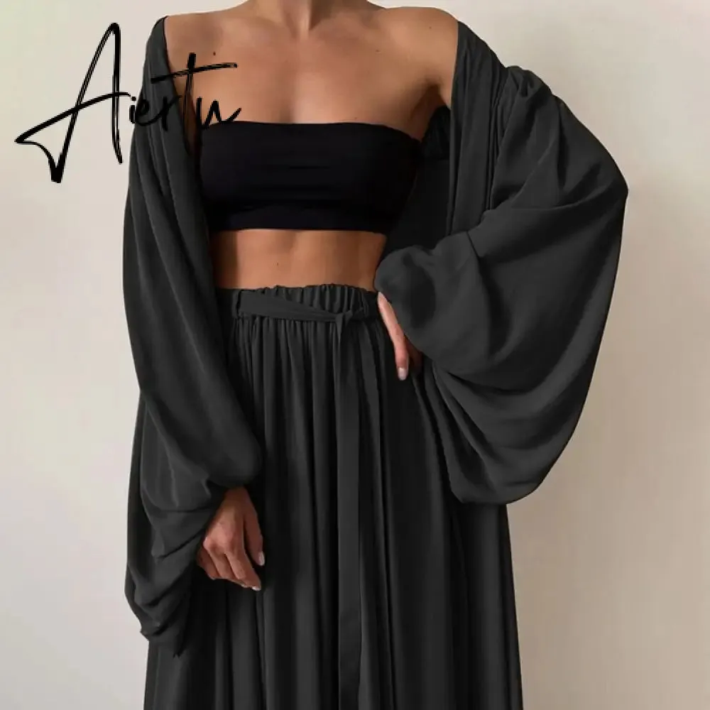 Aiertu  White Sexy Three Piece Set For Women Slim Vest Lantern Sleeve Coat Wide Leg Pants Loose Sets Female Fashion New