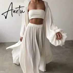 Aiertu  White Sexy Three Piece Set For Women Slim Vest Lantern Sleeve Coat Wide Leg Pants Loose Sets Female Fashion New