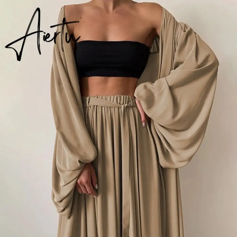 Aiertu  White Sexy Three Piece Set For Women Slim Vest Lantern Sleeve Coat Wide Leg Pants Loose Sets Female Fashion New