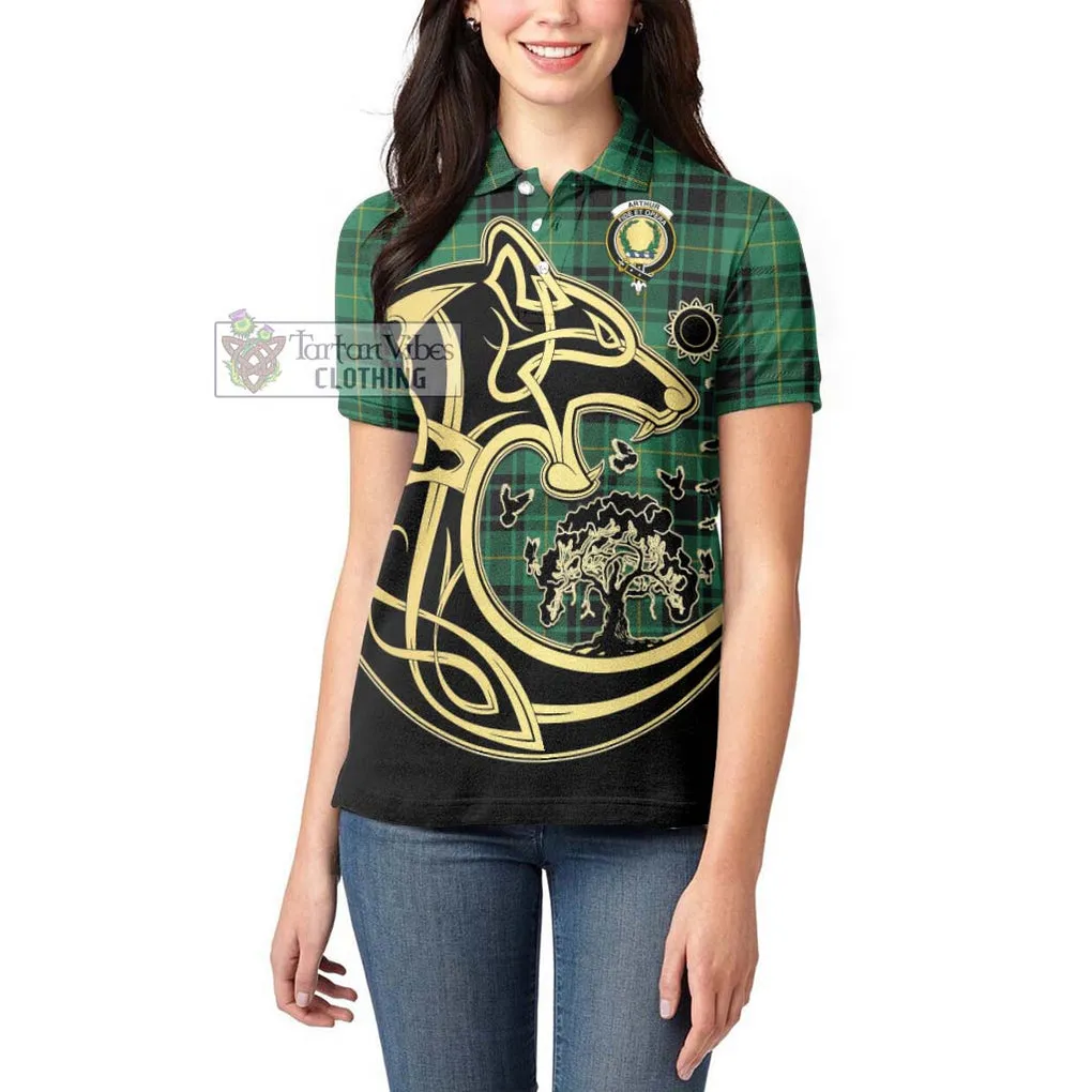 Arthur Ancient Tartan Women's Polo Shirt with Family Crest Celtic Wolf Style