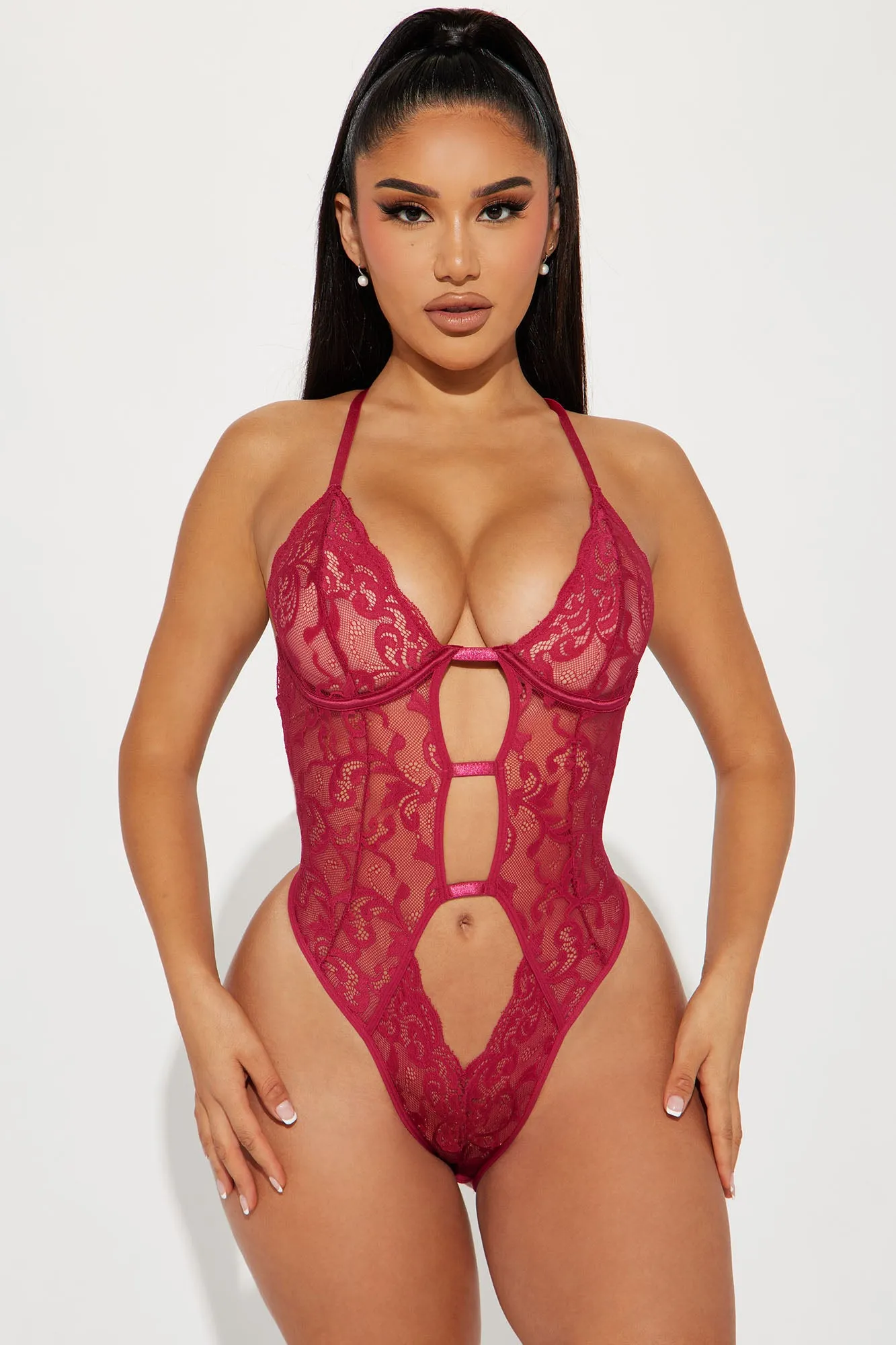 As Long As I'm Here Crotchless Lace Teddy - Magenta