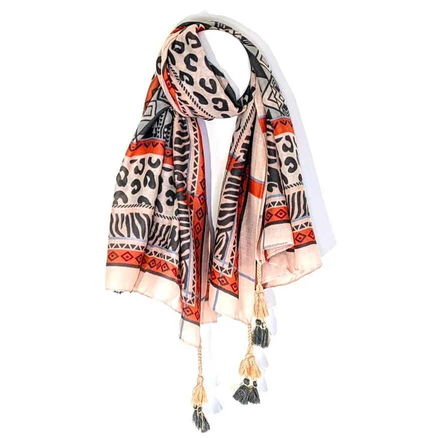 Aztec Inca style print scarf with border and corner tassels
