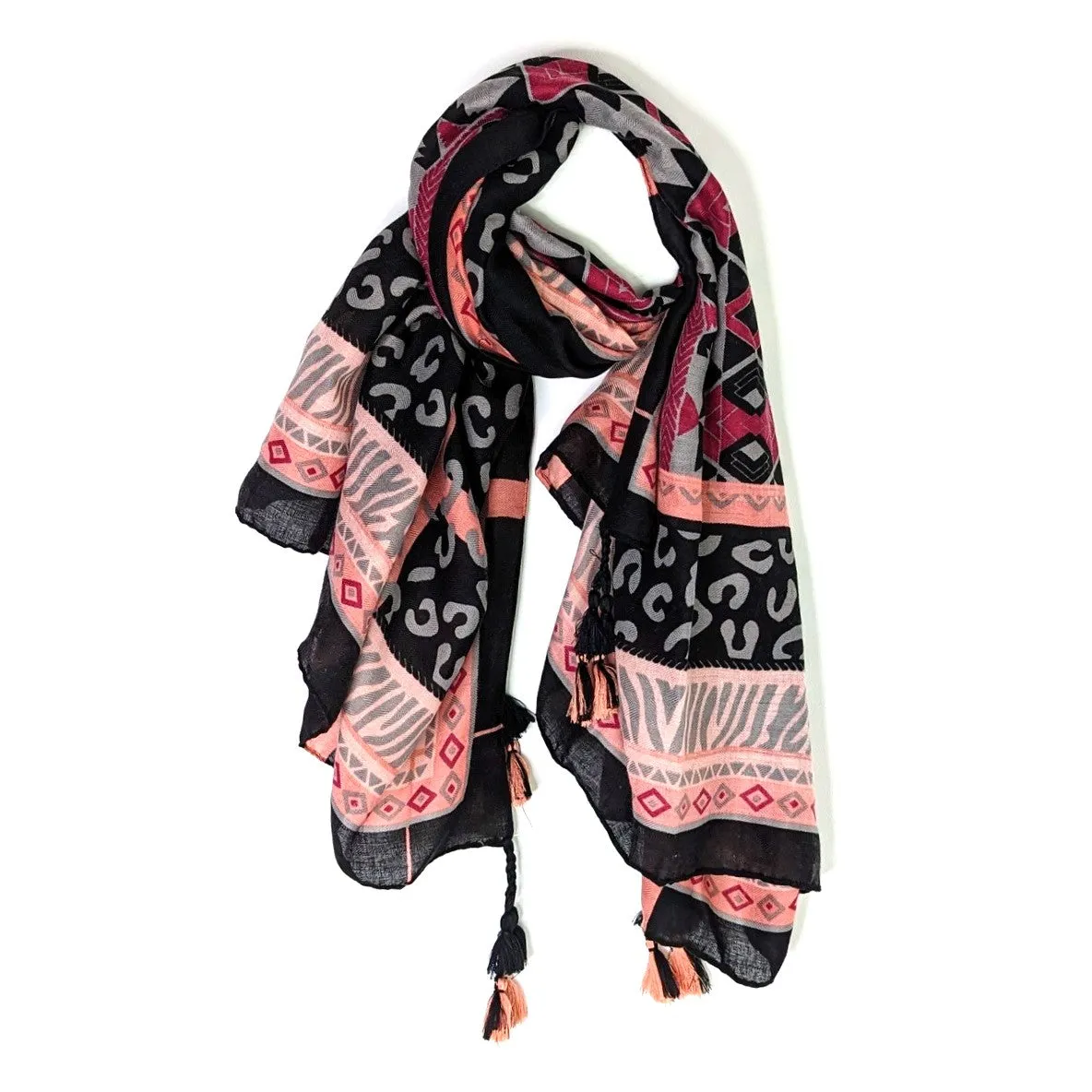 Aztec Inca style print scarf with border and corner tassels