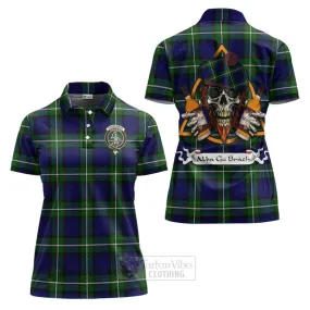 Bannerman Tartan Women's Polo Shirt with Family Crest and Bearded Skull Holding Bottles of Whiskey