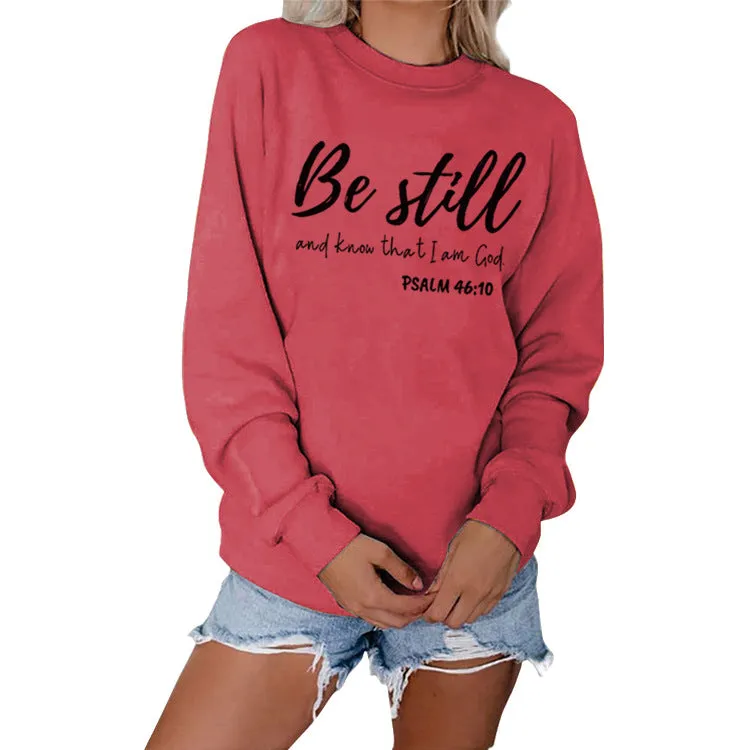 Be Still and Know Letter Print Round Neck Loose Long Sleeve Top Plus Size Pullover Fashion Sweater Girl