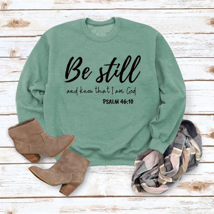Be Still and Know Letter Print Round Neck Loose Long Sleeve Top Plus Size Pullover Fashion Sweater Girl