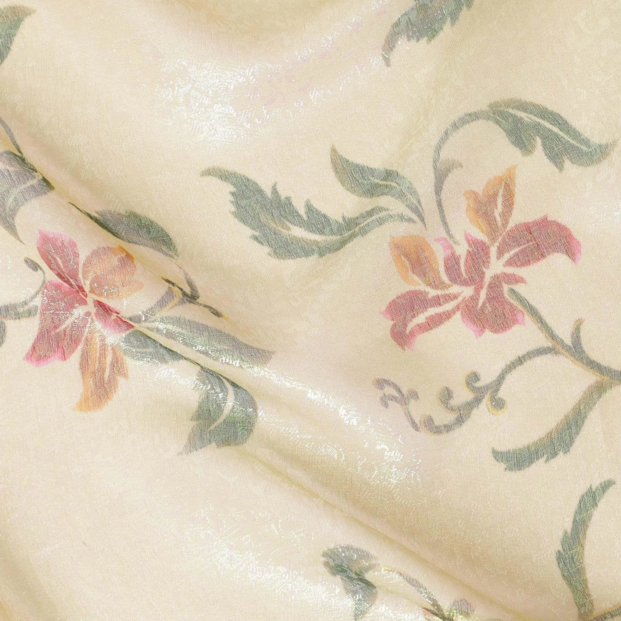 Beige Premium pure silk chiffon fabric with multicolor print having pastel green metallic lurex in floral design-D8881