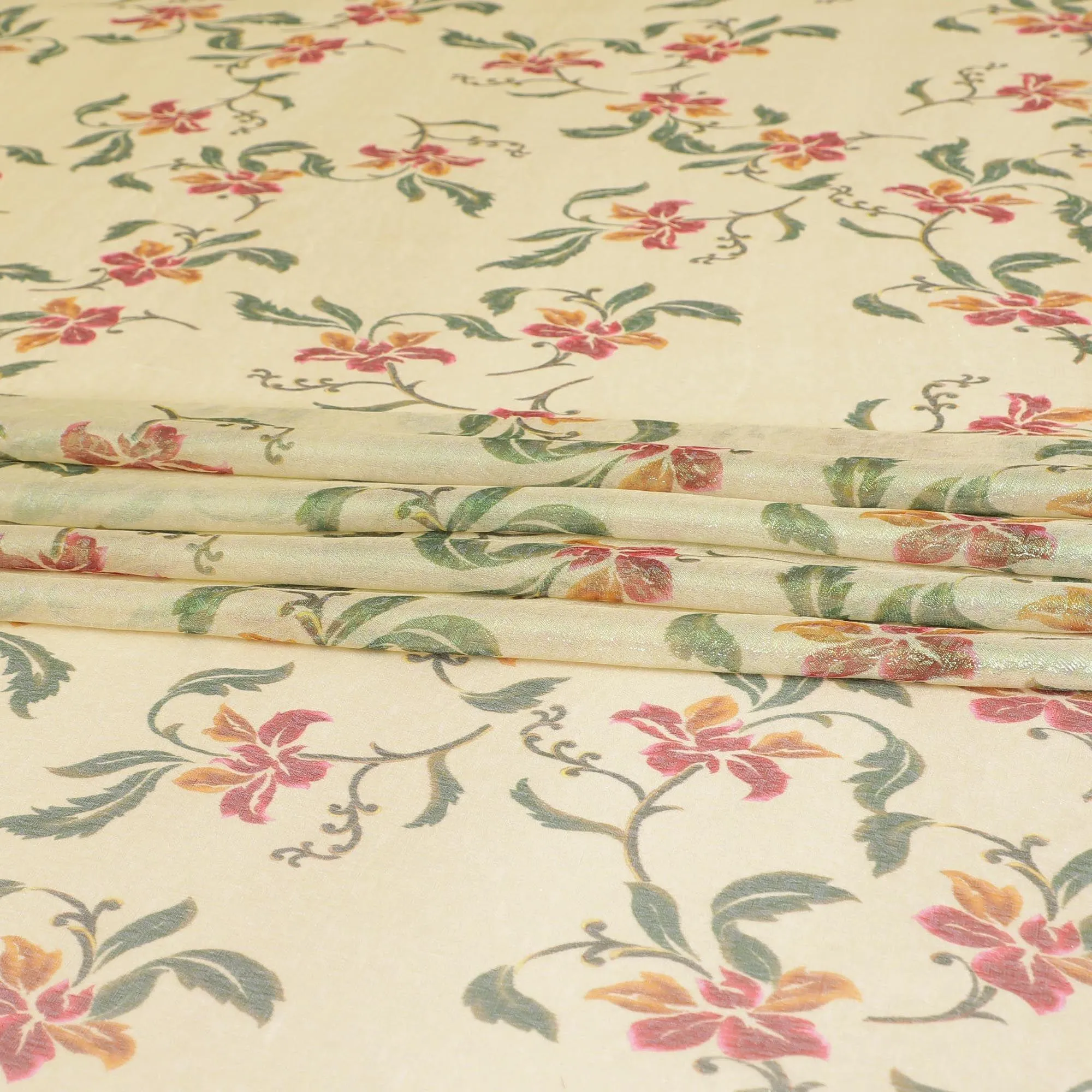 Beige Premium pure silk chiffon fabric with multicolor print having pastel green metallic lurex in floral design-D8881