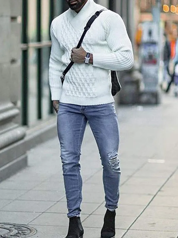 Chain-link & Ribs Knit Shawl Collar Fitted Sweater