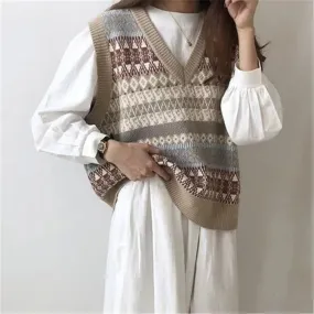 ChicMy-Fall Outfits  Vintage Argyle V-Neck Knitted Sweater Vest Women Loose Sleeveless Sweater Pullover Autumn Korean Casual Oversized Knit Waistcoat