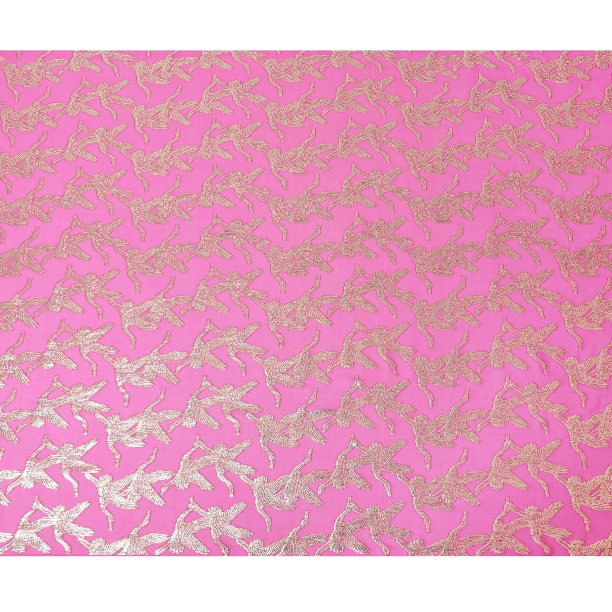 Fuchsia pink premium pure silk chiffon fabric with gold metallic lurex in fancy design-D10533