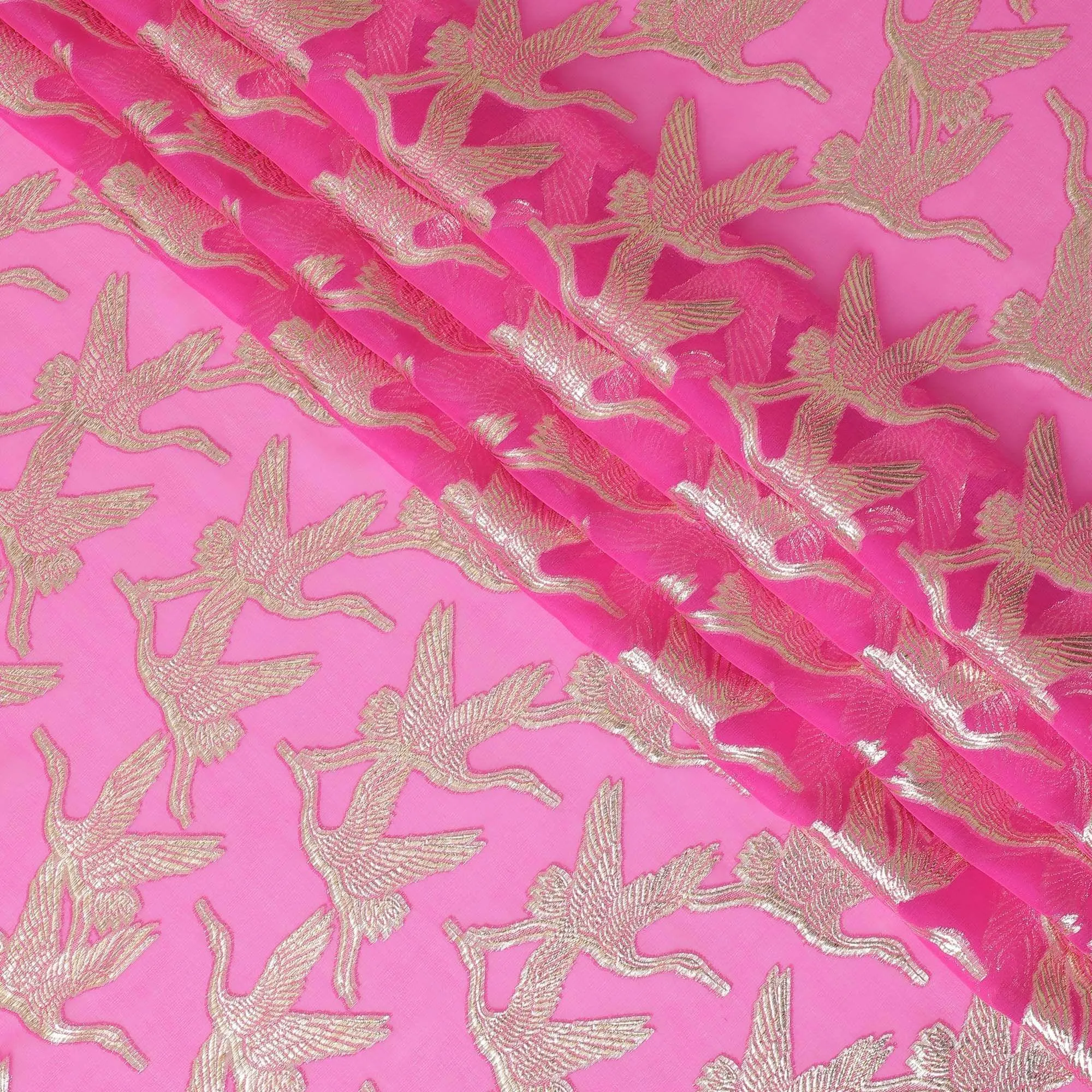 Fuchsia pink premium pure silk chiffon fabric with gold metallic lurex in fancy design-D10533