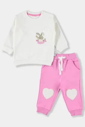 Heart Patch Detail White Pink Bunny Baby Girl Cotton Set