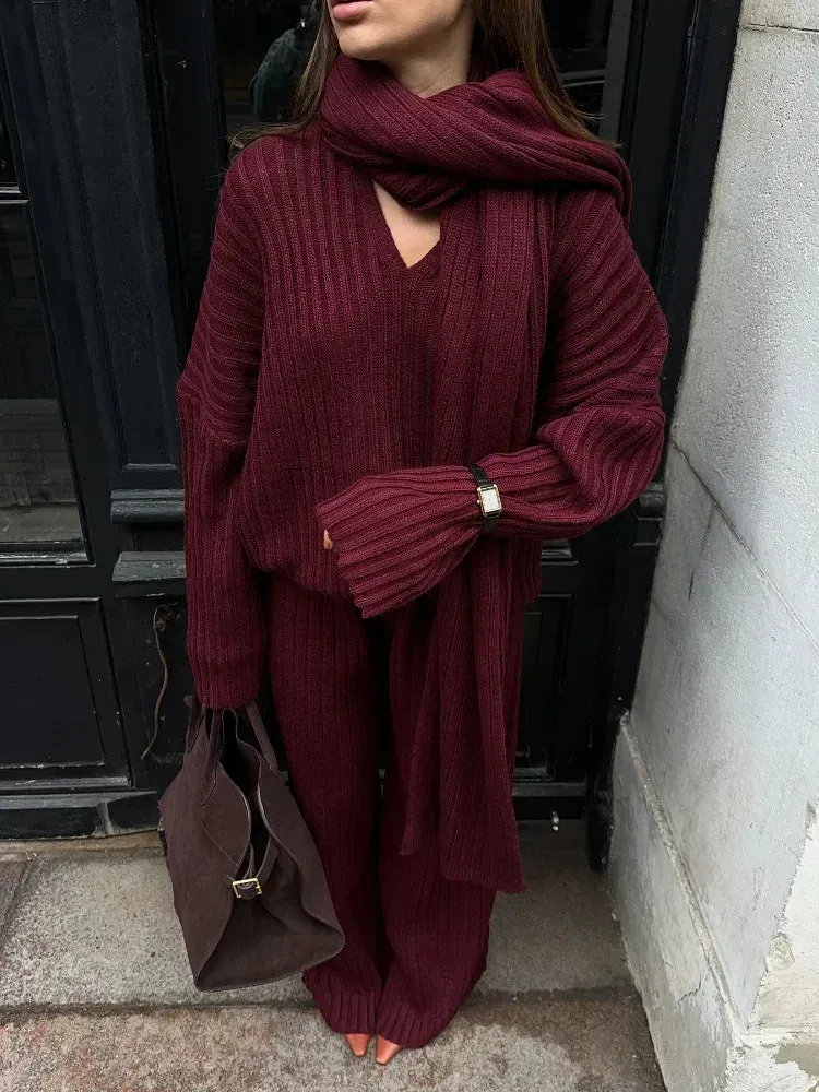 Joskaa Elegant Scarf Collar Long Sleeved Women's Sweater Set Casual Vintage Burgundy Wide Leg Pants Suits Autumn Winter Street Outwear