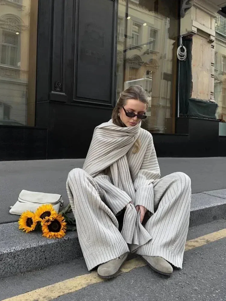 Joskaa Elegant Scarf Collar Long Sleeved Women's Sweater Set Casual Vintage Burgundy Wide Leg Pants Suits Autumn Winter Street Outwear