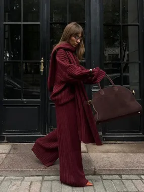 Joskaa Elegant Scarf Collar Long Sleeved Women's Sweater Set Casual Vintage Burgundy Wide Leg Pants Suits Autumn Winter Street Outwear