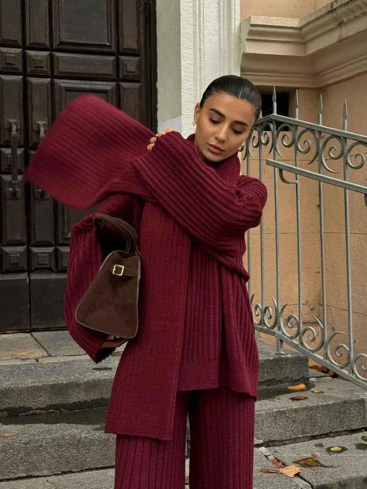 Joskaa Elegant Scarf Collar Long Sleeved Women's Sweater Set Casual Vintage Burgundy Wide Leg Pants Suits Autumn Winter Street Outwear