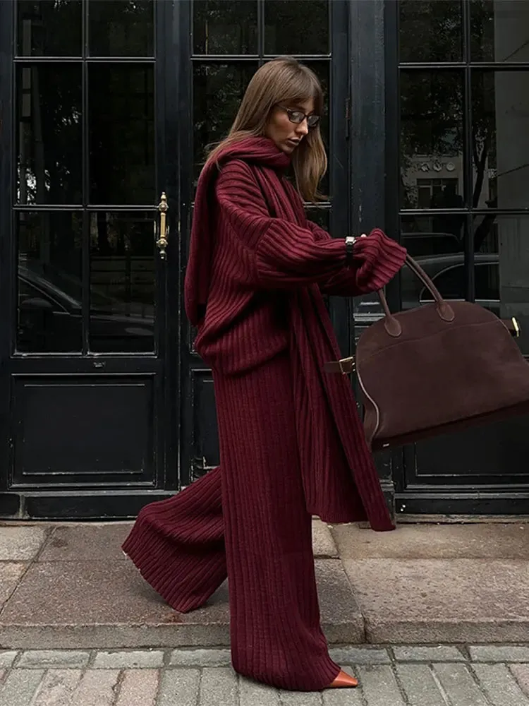Joskaa Elegant Scarf Collar Long Sleeved Women's Sweater Set Casual Vintage Burgundy Wide Leg Pants Suits Autumn Winter Street Outwear
