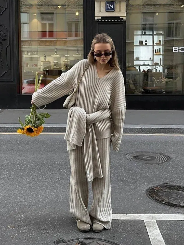 Joskaa Elegant Scarf Collar Long Sleeved Women's Sweater Set Casual Vintage Burgundy Wide Leg Pants Suits Autumn Winter Street Outwear