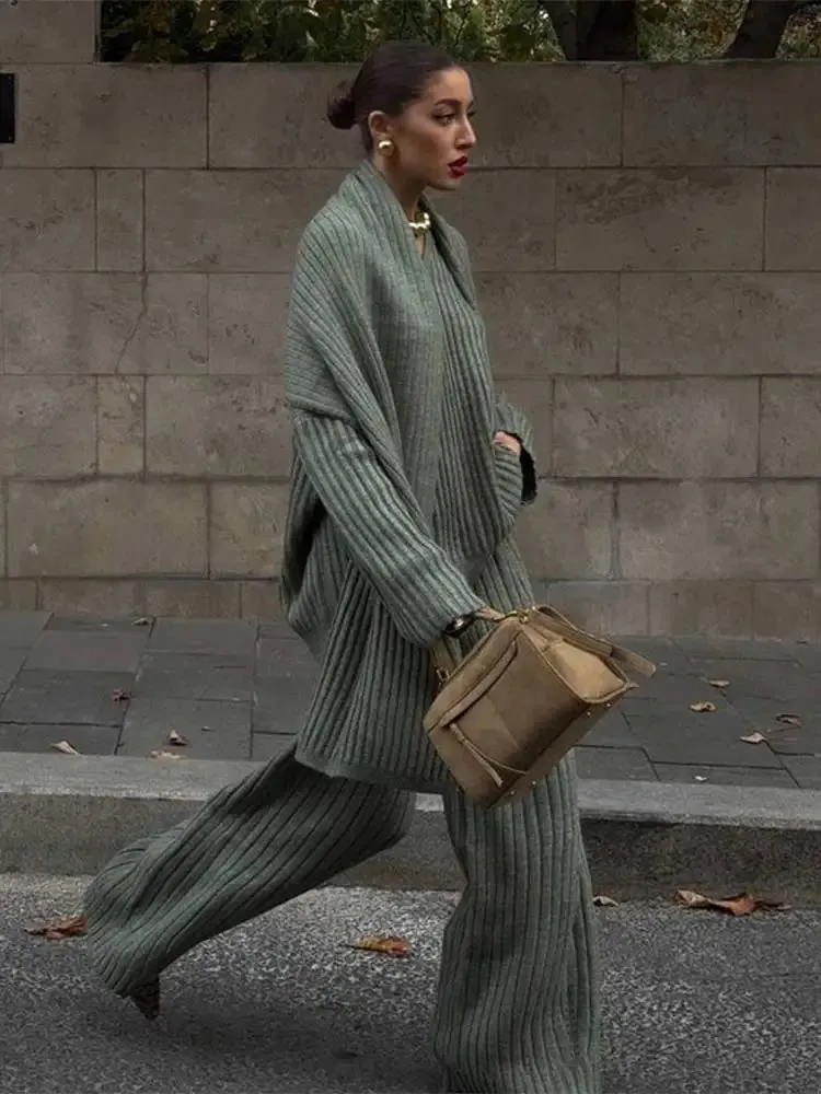 Joskaa Elegant Scarf Collar Long Sleeved Women's Sweater Set Casual Vintage Burgundy Wide Leg Pants Suits Autumn Winter Street Outwear