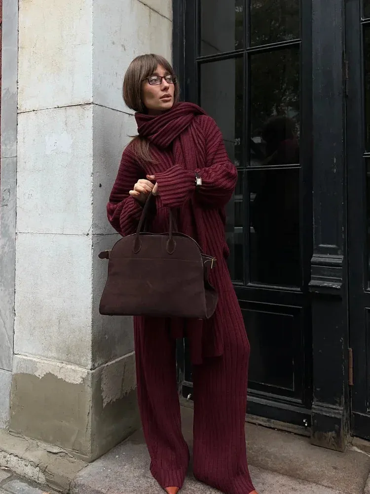 Joskaa Elegant Scarf Collar Long Sleeved Women's Sweater Set Casual Vintage Burgundy Wide Leg Pants Suits Autumn Winter Street Outwear