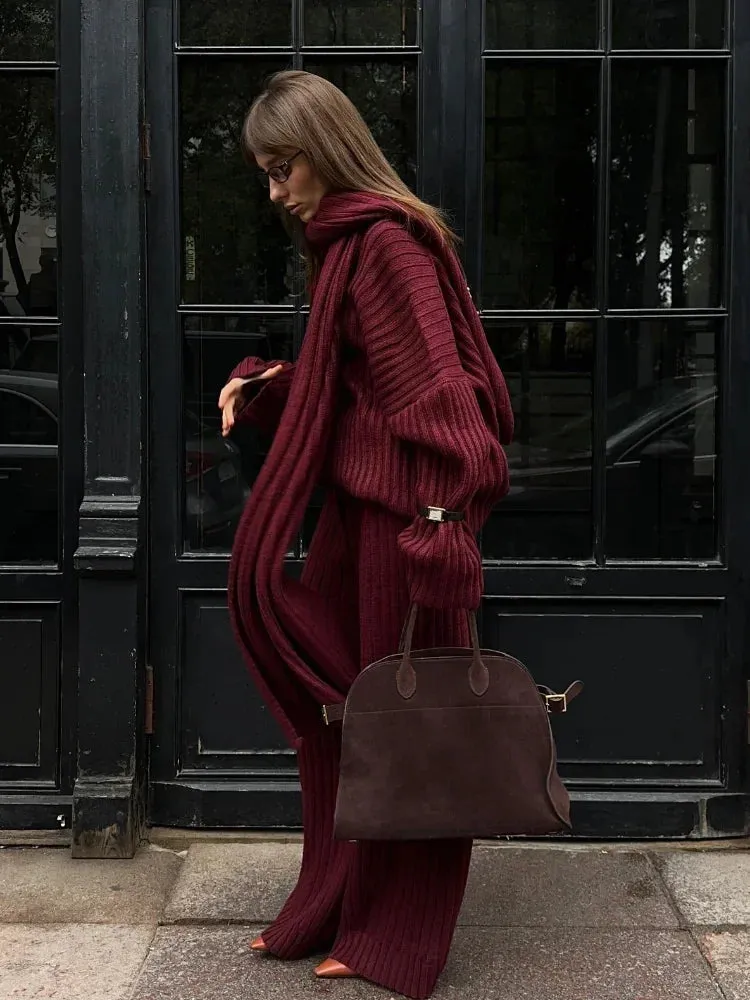 Joskaa Elegant Scarf Collar Long Sleeved Women's Sweater Set Casual Vintage Burgundy Wide Leg Pants Suits Autumn Winter Street Outwear