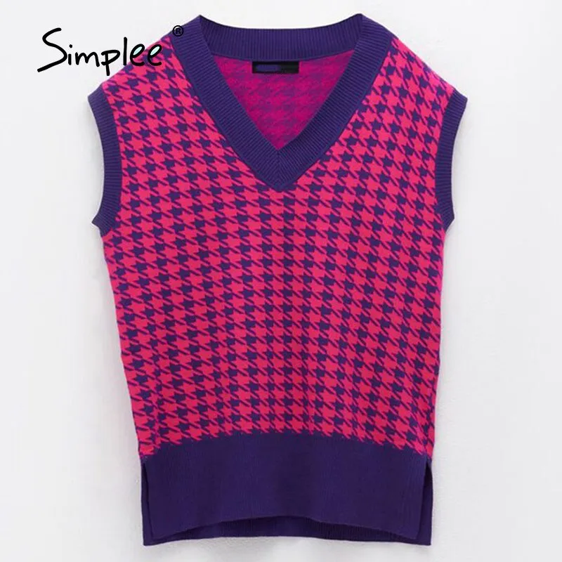 Joskaa Joskaa Houndstooth knitted sweater vest women V neck sleeveless oversized pullover vintage Fall winter female waistcoat sweater