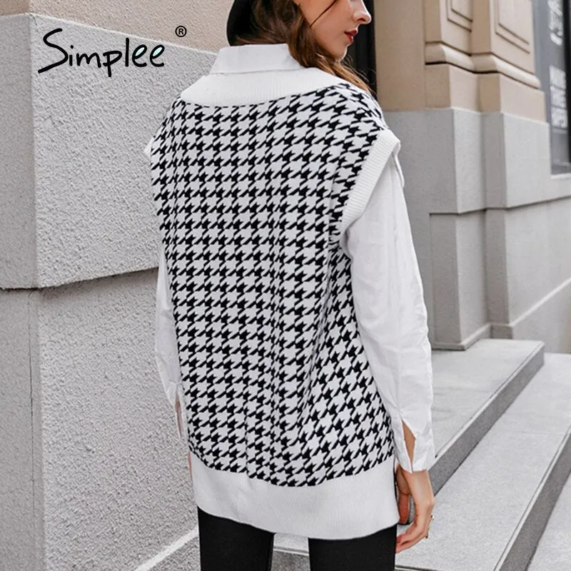 Joskaa Joskaa Houndstooth knitted sweater vest women V neck sleeveless oversized pullover vintage Fall winter female waistcoat sweater