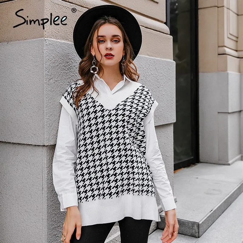 Joskaa Joskaa Houndstooth knitted sweater vest women V neck sleeveless oversized pullover vintage Fall winter female waistcoat sweater