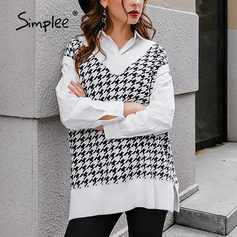 Joskaa Joskaa Houndstooth knitted sweater vest women V neck sleeveless oversized pullover vintage Fall winter female waistcoat sweater