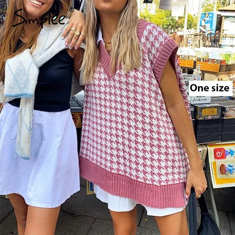 Joskaa Joskaa Houndstooth knitted sweater vest women V neck sleeveless oversized pullover vintage Fall winter female waistcoat sweater