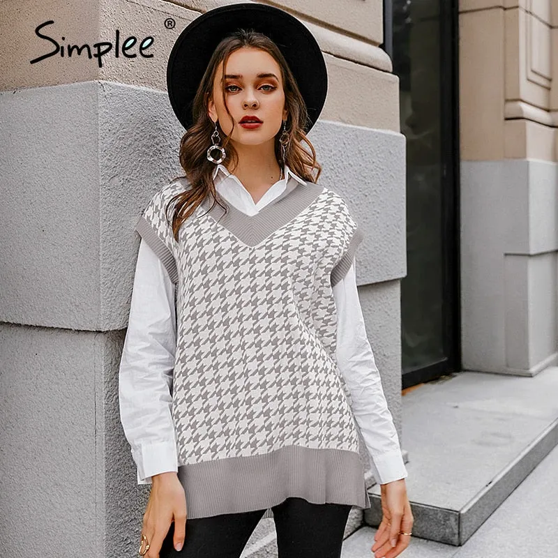 Joskaa Joskaa Houndstooth knitted sweater vest women V neck sleeveless oversized pullover vintage Fall winter female waistcoat sweater