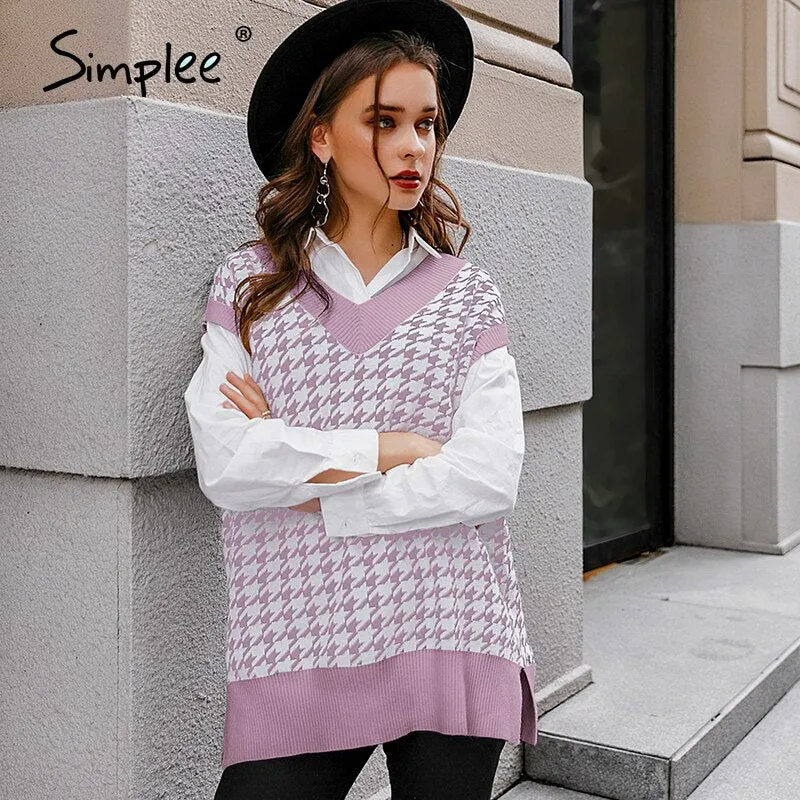 Joskaa Joskaa Houndstooth knitted sweater vest women V neck sleeveless oversized pullover vintage Fall winter female waistcoat sweater