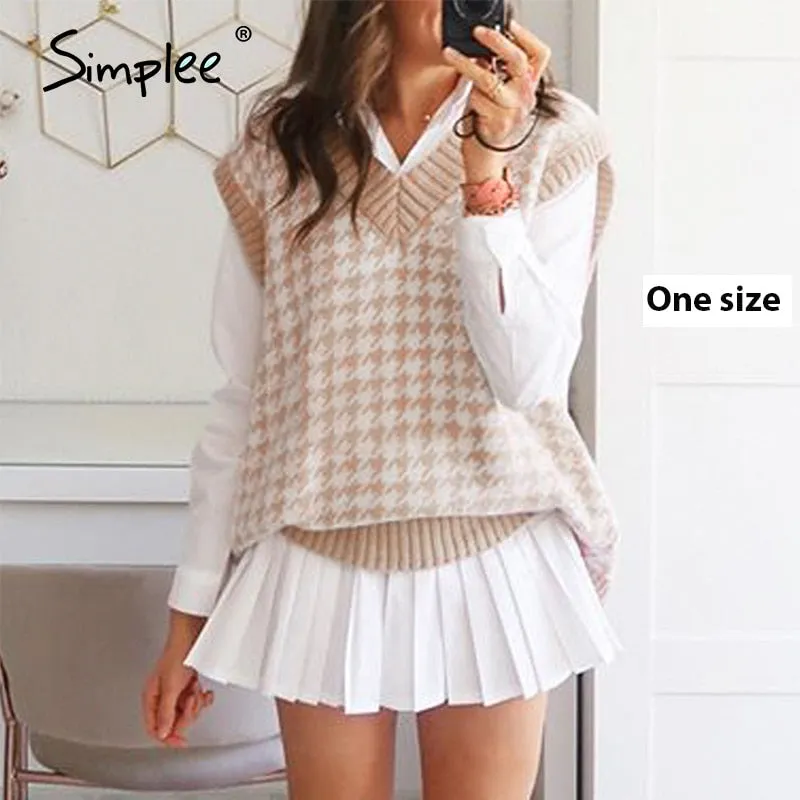Joskaa Joskaa Houndstooth knitted sweater vest women V neck sleeveless oversized pullover vintage Fall winter female waistcoat sweater