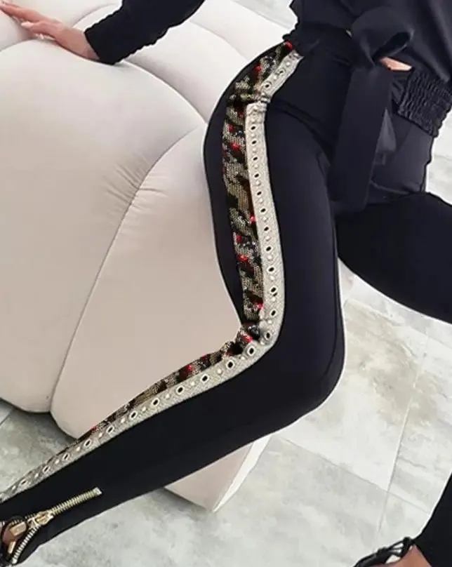 Joskaa Leisure Women's Pants Set 2024 Fashion Casual Print Long Sleeved O-Neck Top and Contrast Sequin Lacing Waist Tights Women's Set
