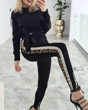 Joskaa Leisure Women's Pants Set 2024 Fashion Casual Print Long Sleeved O-Neck Top and Contrast Sequin Lacing Waist Tights Women's Set