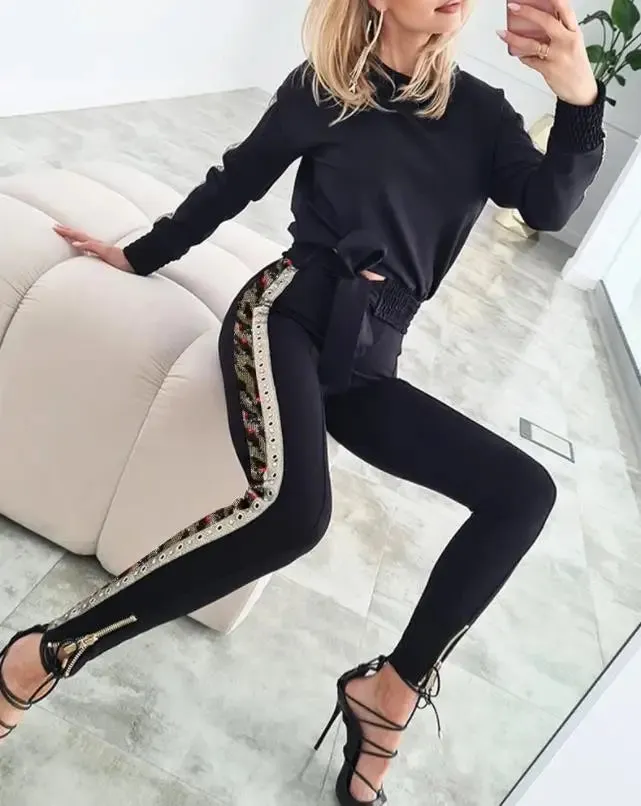 Joskaa Leisure Women's Pants Set 2024 Fashion Casual Print Long Sleeved O-Neck Top and Contrast Sequin Lacing Waist Tights Women's Set