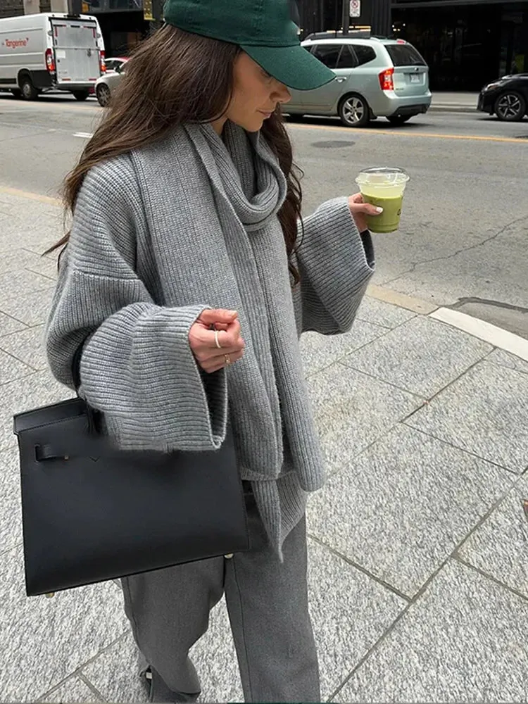 Joskaa Scarf Collar Grey Cropped Oversize Women's Sweater Chic Long Sleeve Knitted Pullover Female High Street Office Casual Knitwear