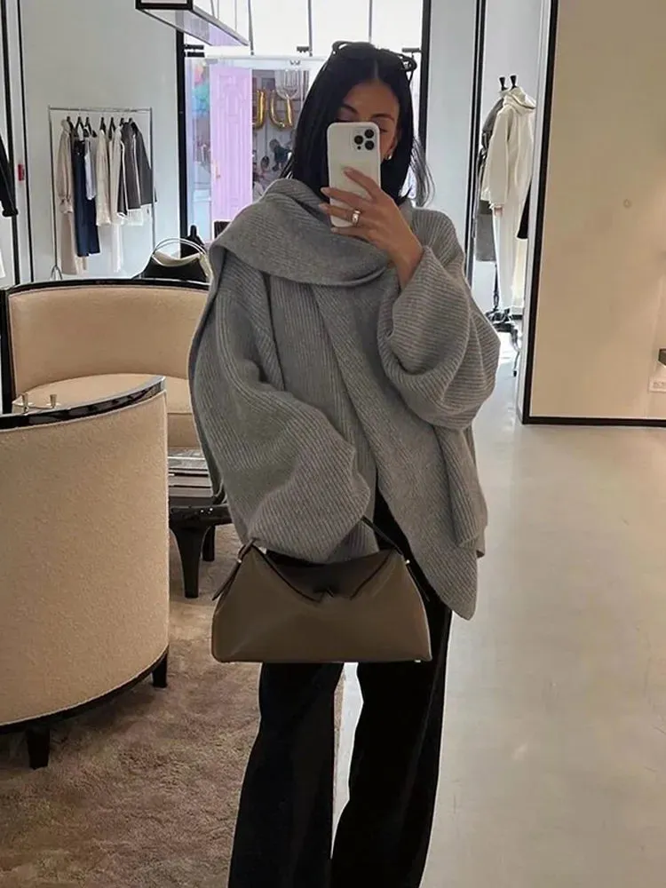 Joskaa Scarf Collar Grey Cropped Oversize Women's Sweater Chic Long Sleeve Knitted Pullover Female High Street Office Casual Knitwear